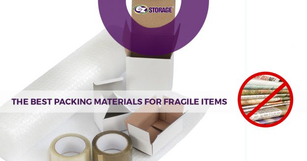 Bubble wrap, tape and boxes with text "the best packing materials for fragile items"