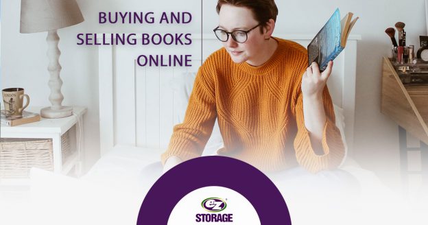 Woman holding a book while on her laptop with text "buying and selling books online"