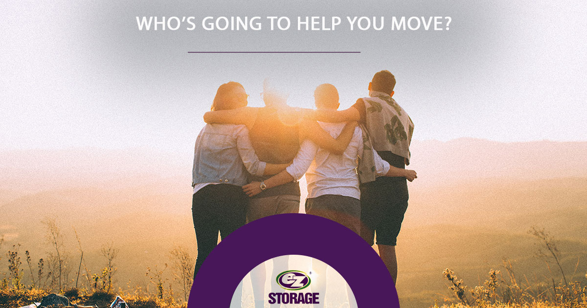 Friends and family holding each other looking at the sunset and text "Who's going to help you move?"