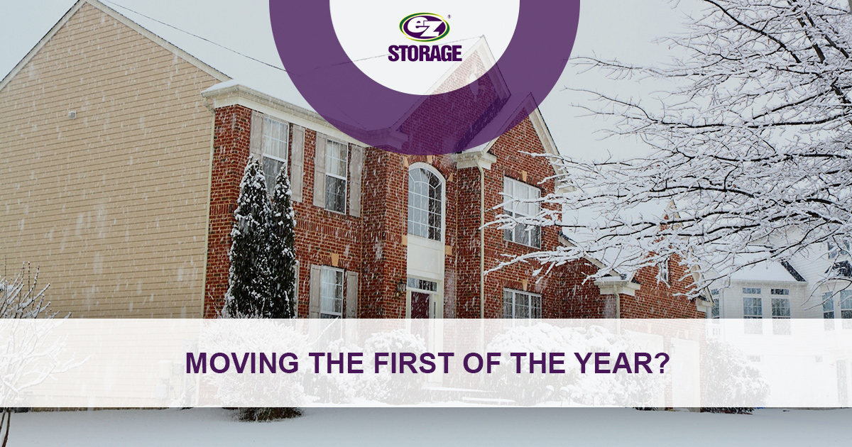 Outside view of house during a snowfall and text "Moving the first of the year?"