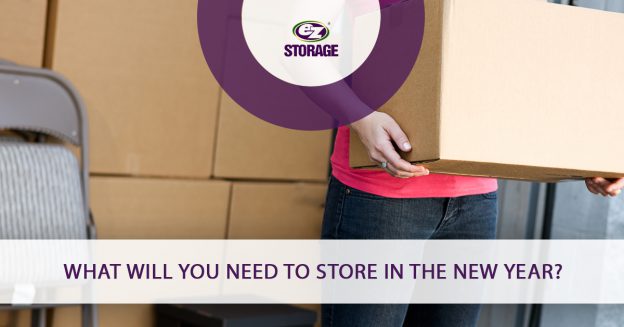 Casually dressed person holding a box and text "What will you need to store in the New Year?"