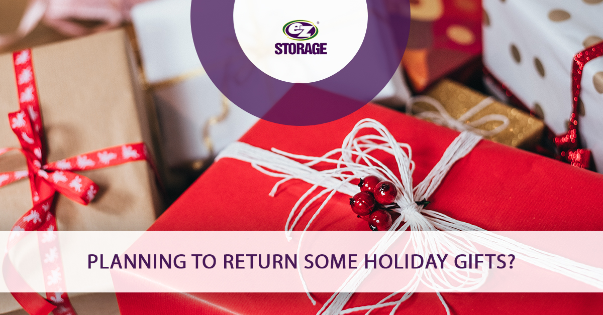 Holiday wrapped gifts and text "Planning to return some holiday gifts"