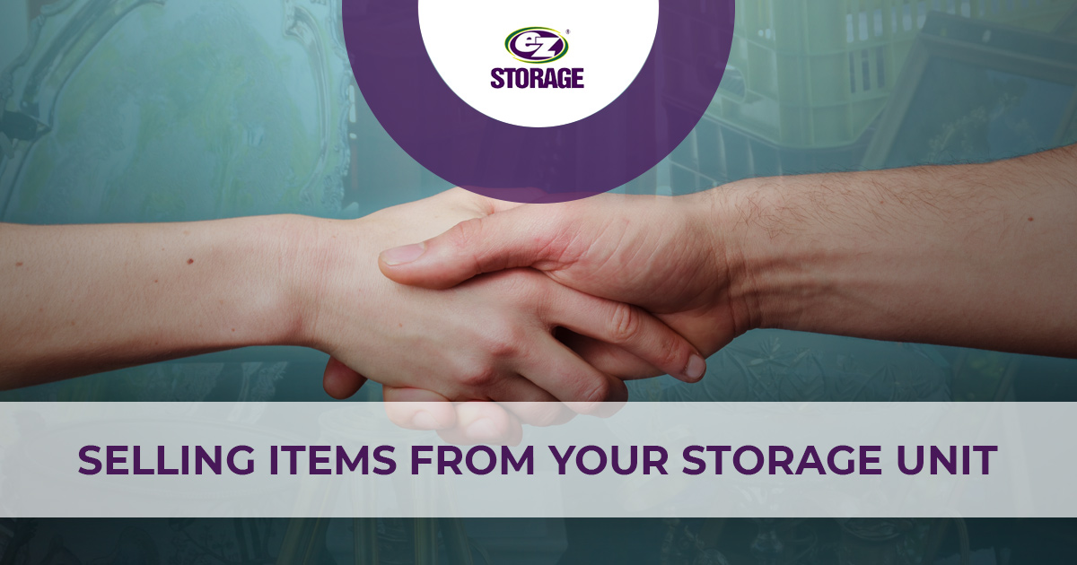 Close up of two people hand shaking and text "Selling items from your storage unit"