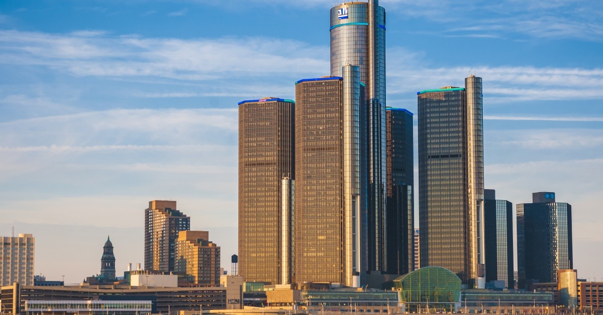 Skyline view of a downtown Detroit at sunrise