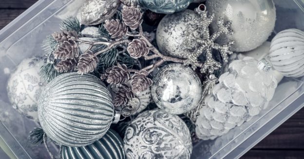 Close up of frosted holiday ornaments in a coffee table decorative bowl.