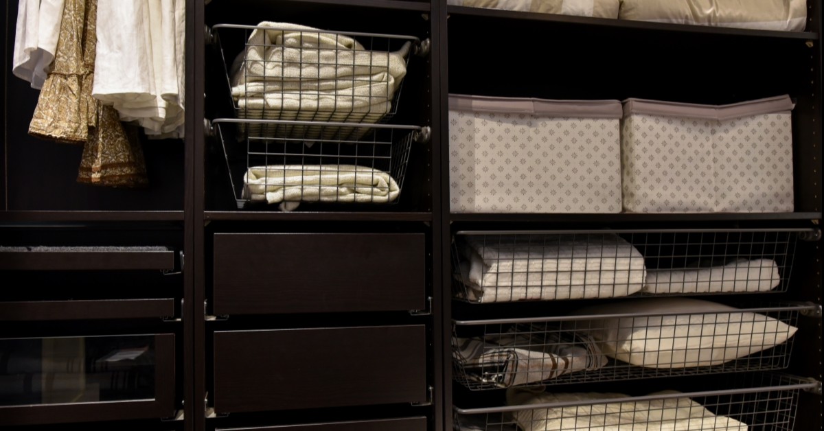Closeup of organized linen or bedroom closet